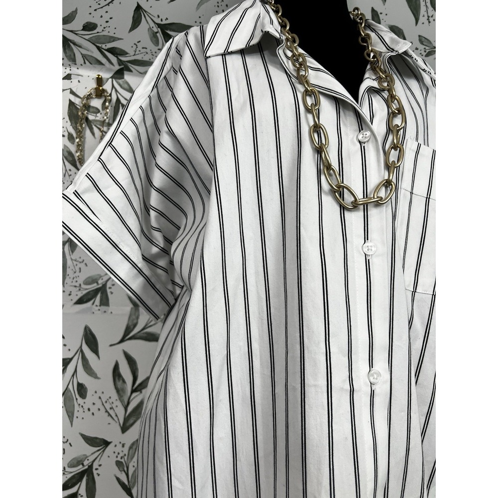 A New Day Easy Woven Shirt Dress Sz M White Black Striped Summer Vacation #A
